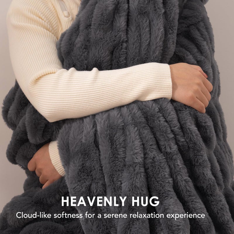 EVERGRACE Luxurious Soft Faux Rabbit Fur Throw Blanket, Cozy Fuzzy Plush Warm Throws for Couch Bed Sofa Chair Decor, Ruched Bubble Fluffy Blanket with Reversible Velvet, 50" x 60", Charcoal Gray - Image 5